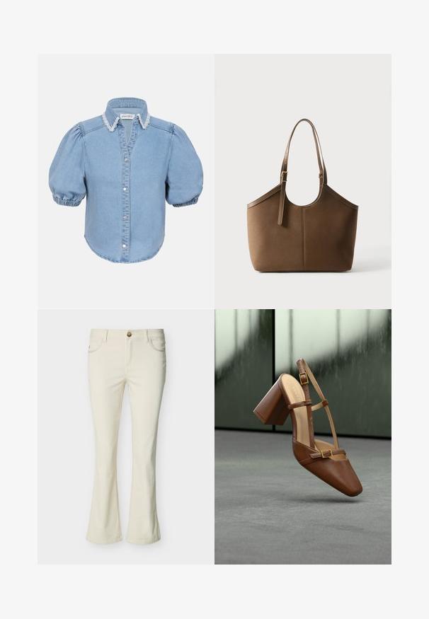 Chemise en denim bleu clair à manches courtes avec des manches bouffantes, un col bordé de dentelle et un devant à boutons. Texture douce avec un ourlet arrondi.; Jeans bootcut pour femmes de couleur crème avec bouton à l'avant, fermeture éclair, et poches avant sur un fond blanc.; Chaussure à talon en cuir brun avec un bout pointu, une sangle réglable à la cheville et un détail boucle carrée dorée. Texture lisse et talon épais.; Sac cabas en cuir marron avec bandoulière ajustable et boucle dorée, texture lisse, présenté sur fond blanc uni.