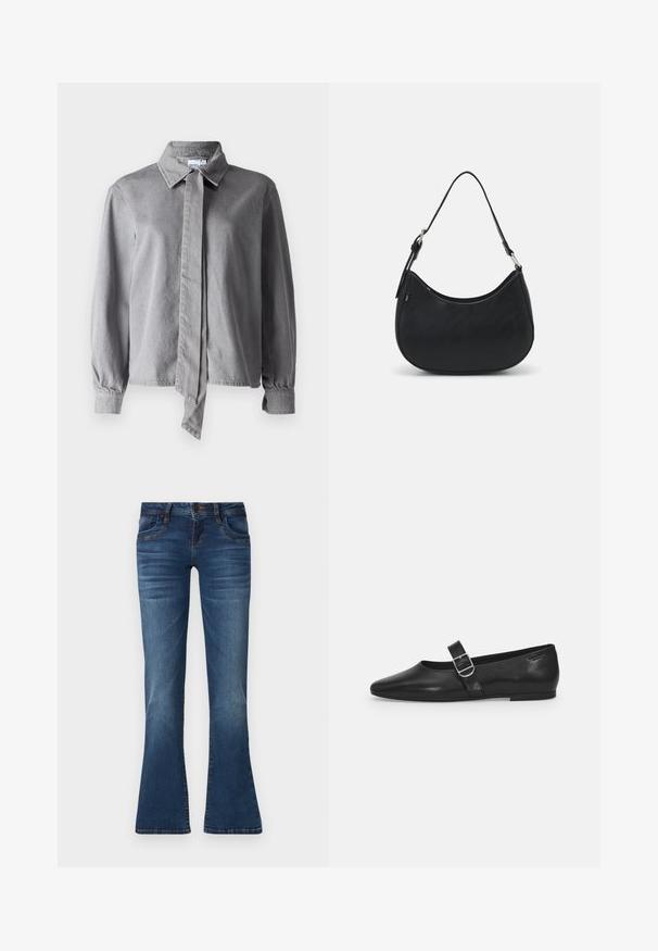 Camisa gris de cuello con un lazo en la parte delantera, hecha de una tela texturizada, con mangas largas, puños de botón y corte recto.; Jeans de mezclilla azul con pierna ligeramente acampanada, cierre frontal de botón, bolsillos y un sutil desgastado en los muslos y las rodillas.; Zapato plano de cuero negro con punta redondeada, una sola correa ajustable con hebilla y una textura suave y brillante. Diseño minimalista con un tacón bajo.; Bolso hobo negro hecho de cuero suave con una silueta curva, que cuenta con una sola correa ajustable y detalles de diseño minimalistas.