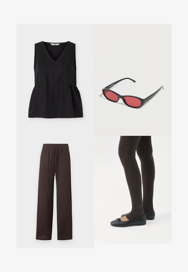 Haut noir sans manches avec col en V et coutures latérales froncées créant une forme légèrement évasée.; Pantalon marron foncé coupe ample avec taille élastique et cordon, tissu léger texturé, coupe droite.; Jambes portant des leggings côtelés foncés associés à des ballerines noires avec de petits détails en nœud sur fond blanc.; Lunettes de soleil ovales noires avec des branches fines et des verres teintés rouges posées sur une surface blanche.