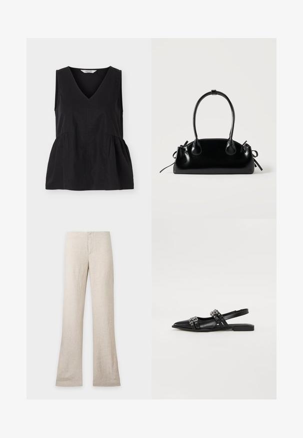 Haut noir sans manches avec col en V et coutures latérales froncées créant une forme légèrement évasée.; Pantalon en lin beige à jambe droite et fermeture avant dissimulée, présenté à plat sur un fond clair uni. Pas de poches ni de détails visibles.; Even&Odd by Zalando Ballerines à brides arrière - black; Petit sac à main noir brillant avec deux longues anses et des détails à cordon sur les côtés sur un fond clair uni.