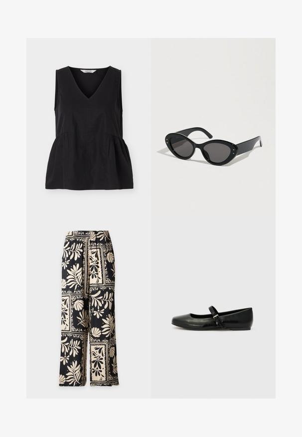 Haut noir sans manches avec col en V et coutures latérales froncées créant une forme légèrement évasée.; Pantalon à jambes larges avec motifs floraux et feuillus noirs et beiges disposés en blocs carrés, avec une taille élastique.; Ballerines en cuir noir avec un bout arrondi, une semelle plate et une fine sangle ajustable sur le cou-de-pied avec une boucle en métal.; Lunettes de soleil noires à forme œil de chat surdimensionnée. Montures en plastique lisse avec des verres foncés et de petits accents étoilés sur les côtés.