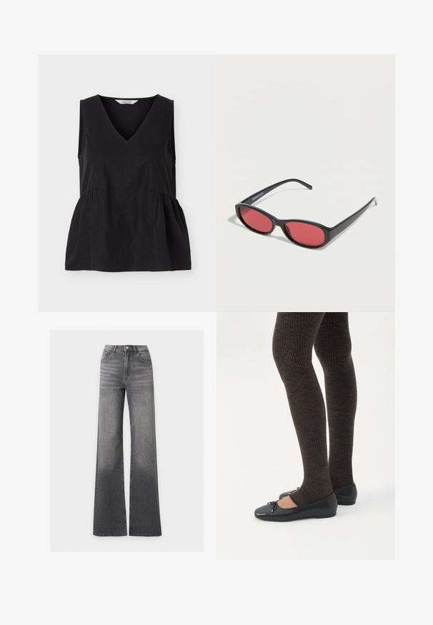 Haut noir sans manches avec col en V et coutures latérales froncées créant une forme légèrement évasée.; Jean en denim gris taille haute avec une coupe large, fermeture à boutons et zip à l'avant, poches devant et derrière.; Jambes portant des leggings côtelés foncés associés à des ballerines noires avec de petits détails en nœud sur fond blanc.; Lunettes de soleil ovales noires avec des branches fines et des verres teintés rouges posées sur une surface blanche.