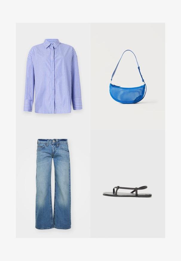 Camisa abotonada de color azul claro con rayas verticales y acentos de puntos. Presenta un cuello, mangas largas y un corte recto. Tejido suave.; Jeans de pierna ancha color azul claro en tela de mezclilla, con un lavado desgastado, cinco bolsillos y un cierre de botón con pasadores para cinturón.; Sandalias planas negras con tiras delgadas y texturizadas en un diseño minimalista. La suela es lisa y la forma general es elegante y sobria.; Bolso azul de malla para el hombro con correa ajustable y cierre de cremallera, mostrado sobre un fondo blanco liso.