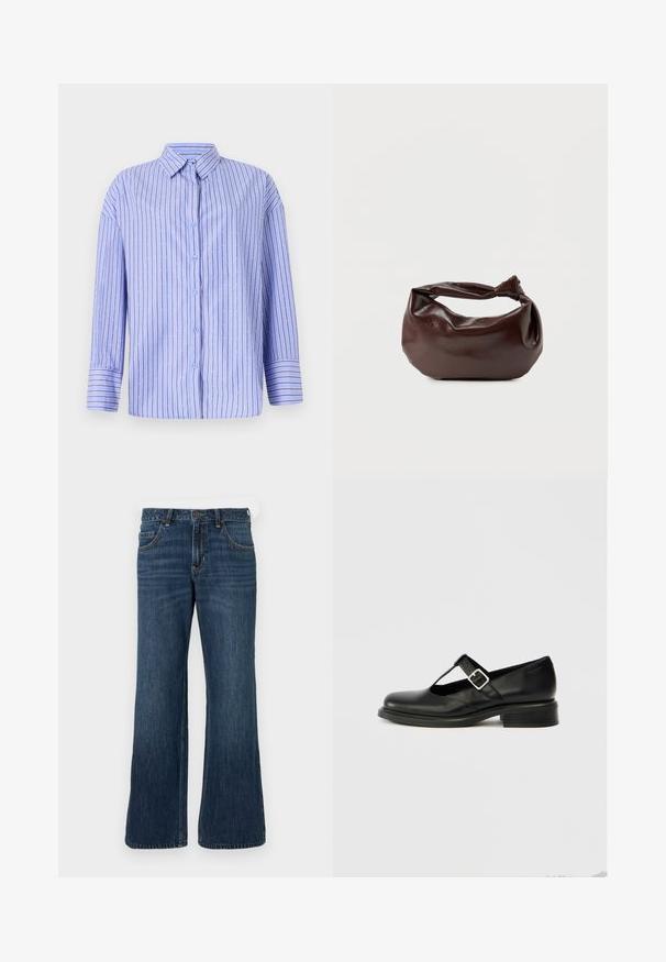 Lichtblauwe button-up shirt met verticale strepen en stippenaccenten. Heeft een kraag, lange mouwen en een rechte snit. Zachte stof.; Donkerblauwe wijde jeans met klassiek ontwerp met vijf zakken, voorzien van een knoopsluiting en subtiele vervaging. Gemaakt van denimstof.; Zwarte leren Mary Jane schoen met een ronde neus, T-band ontwerp, verstelbare gesp en een laag gestapeld hakje. Gladde textuur met minimale details.; Donkerbruine leren schoudertas met een zachte, slungelige vorm en een gedraaide knoopvormige handgreep op een effen witte achtergrond.