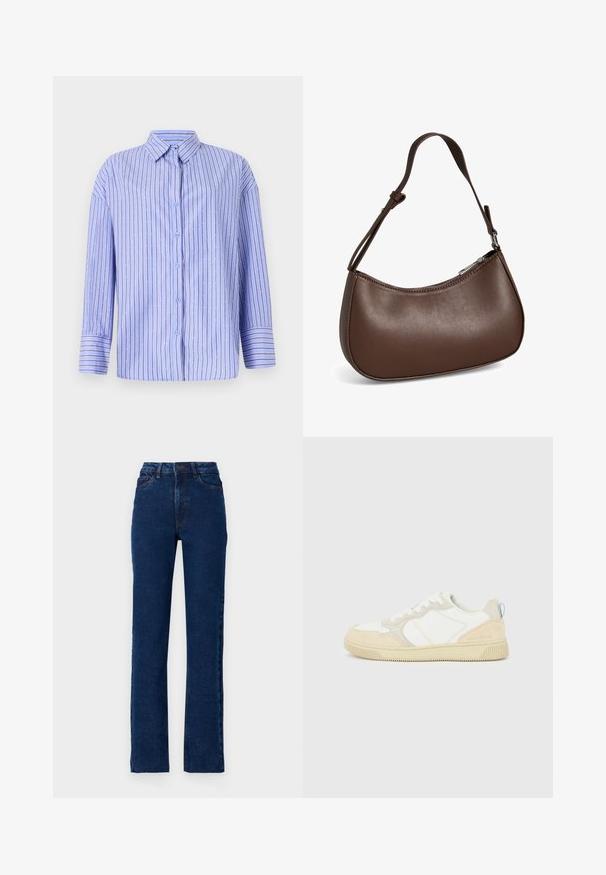 Lichtblauwe button-up shirt met verticale strepen en stippenaccenten. Heeft een kraag, lange mouwen en een rechte snit. Zachte stof.; Hoge taille donkerblauwe denim jeans met een rechte pijp, vijf zakken en contrasterende stiksels langs de naden.; Witte en beige sneaker met een bovenwerk van suède en textiel, voorzien van contrasterende stiksels, een rubberen zool en een lichtblauwe accenten op de hiel.; Kleine bruine leren schoudertas met verstelbare band en ritssluiting, getoond tegen een witte achtergrond. Geen zichtbaar merk of versieringen.