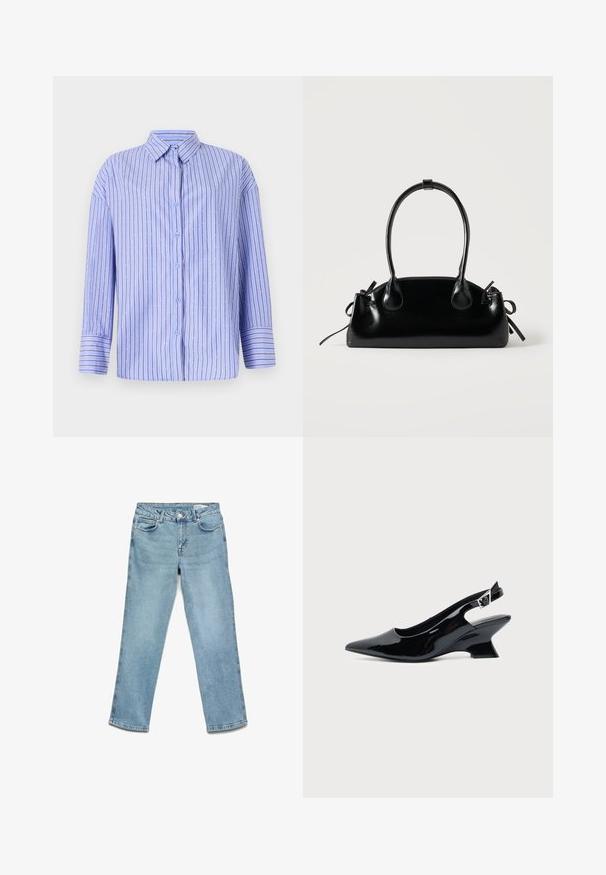 Lichtblauwe button-up shirt met verticale strepen en stippenaccenten. Heeft een kraag, lange mouwen en een rechte snit. Zachte stof.; Lichtblauwe denim jeans met een rechte poot ontwerp, vijf zakken en een knoopsluiting. Zachte textuur met minimale vervaging.; Zwarte lakleren slingback schoen met spitse neus en lage schuine blokhak op een effen lichte achtergrond.; Kleine zwarte glanzende handtas met twee lange hengsels en zijkant trekkoord details op een effen lichte achtergrond.