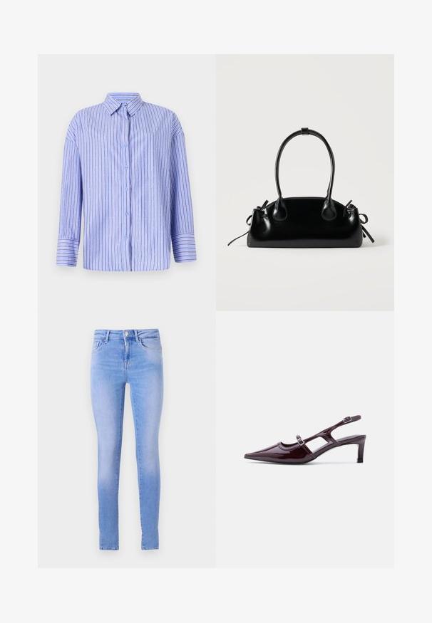 Camisa abotonada de color azul claro con rayas verticales y acentos de puntos. Presenta un cuello, mangas largas y un corte recto. Tejido suave.; Jeans skinny azul claro con un lavado descolorido, que cuentan con un diseño de cinco bolsillos, cierre de botón al frente y un dobladillo limpio.; Zapato slingback de charol burdeos con punta puntiaguda, tacón bajo y doble correa ajustable con hebilla.; Pequeño bolso negro brillante con dos asas largas y detalles de cordón lateral sobre un fondo claro liso.