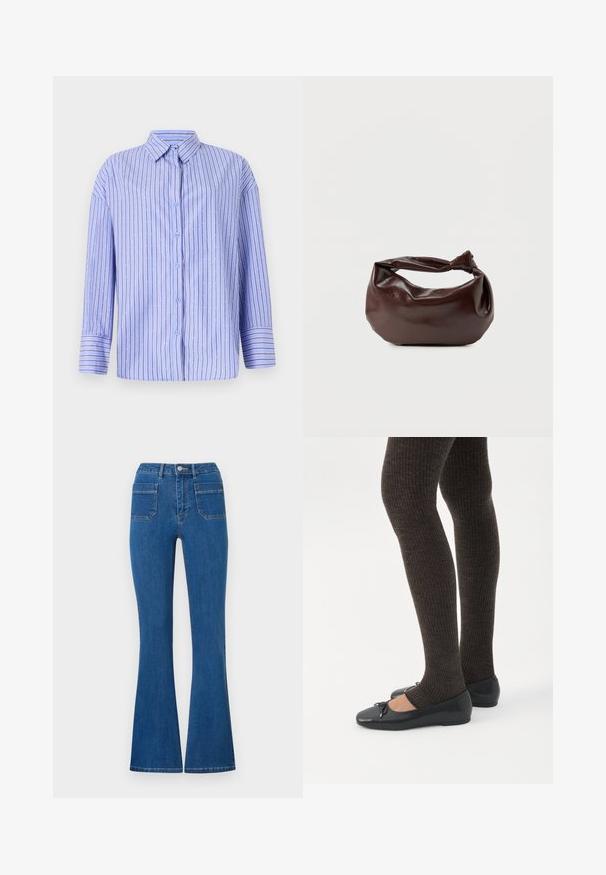 Lyseblå skjorte med knaptrykning, vertikale striber og prikkede detaljer. Har krave, lange ærmer og lige snit. Blødt materiale.; Bredde jeans i blå farve med høj talje, lavet af denim. Har to baglommer og en metalknaplukning foran. Renset, minimalistisk design.; Ben iført mørke ribbede leggings kombineret med sorte balletsko med små sløjfedetaljer på hvid baggrund.; Mørkebrun læder skuldertaske med en blød, afslappet form og et snoet knudehåndtag på en ensartet hvid baggrund.