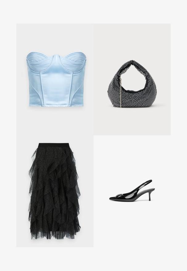 Haut de corset en satin bleu clair avec des détails nervurés structurés au niveau de l'encolure et des coutures verticales pour la silhouette. Texture lisse, design sans bretelles.; Jupe en tulle noir avec des volants superposés, une large ceinture élastique et des accents de points argentés dispersés sur le tissu.; Escarpins slingback en cuir verni noir avec un bout pointu et une finition brillante. Présente un talon fin et un accent arrondi au dessus du pied.; Sac à main en maille noire orné de clous en argent, avec une poignée incurvée et une bandoulière en chaîne. Texture douce avec une forme arrondie.
