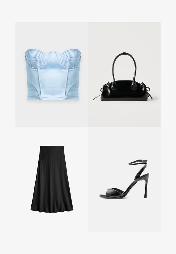 Haut de corset en satin bleu clair avec des détails nervurés structurés au niveau de l'encolure et des coutures verticales pour la silhouette. Texture lisse, design sans bretelles.; Jupe noire en satin coupe trapèze avec une texture lisse et un ourlet fluide, longueur genou, présentée sur fond blanc.; Sandale noire à talon haut avec bout ouvert, talon stiletto fin et bride de cheville avec boucle sur fond blanc.; Petit sac à main noir brillant avec deux longues anses et des détails à cordon sur les côtés sur un fond clair uni.