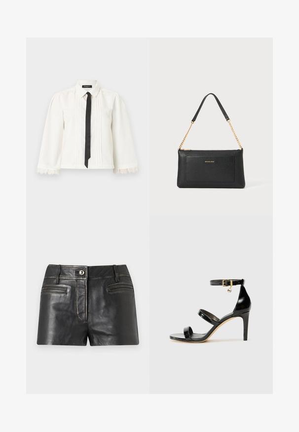 Blouse blanche à manches longues avec des plis, des poignets en dentelle, une cravate noire fine et un col pointu sur un fond uni.; Shorts en cuir noir avec bouton frontal, passants de ceinture et deux poches frontales horizontales sur un fond gris clair.; Sandale en cuir verni noir avec trois brides, boucle de cheville et talon aiguille de 10 cm. Présente un détail en métal doré et un charm logo.; Pochette en cuir noir avec une texture en relief, bandoulière en chaîne dorée et une poche avant. Elle arbore un logo doré sur le devant.