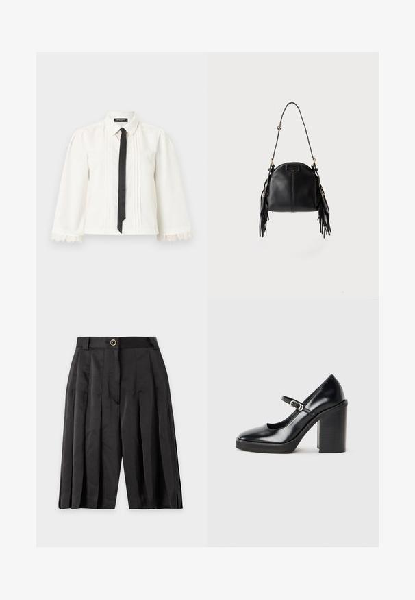 Blouse blanche à manches longues avec des plis, des poignets en dentelle, une cravate noire fine et un col pointu sur un fond uni.; Short noir plissé taille haute avec passants de ceinture et fermeture à un bouton à l'avant sur un fond uni.; Chaussure à talon haut en cuir verni noir avec un bout rond, une sangle de cheville, un détail de boucle en argent et un talon bloc épais.; Sac à main en cuir noir avec une forme courbée, une longue bandoulière réglable et des franges de chaque côté sur un fond clair.