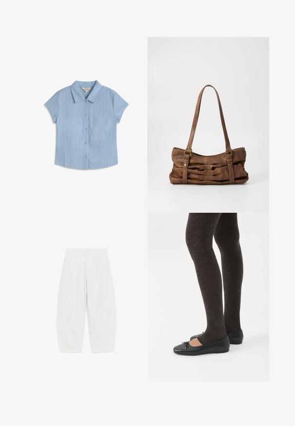 Chemise bleu clair à manches courtes avec des rayures verticales texturées et un col pointu, présentée à plat sur un fond blanc.; Pantalon blanc à jambes larges avec poches avant, passants de ceinture et fermeture à boutons, présenté sur un fond blanc uni.; Jambes portant des leggings côtelés foncés associés à des ballerines noires avec de petits détails en nœud sur fond blanc.; Even&Odd Sac à main - brown