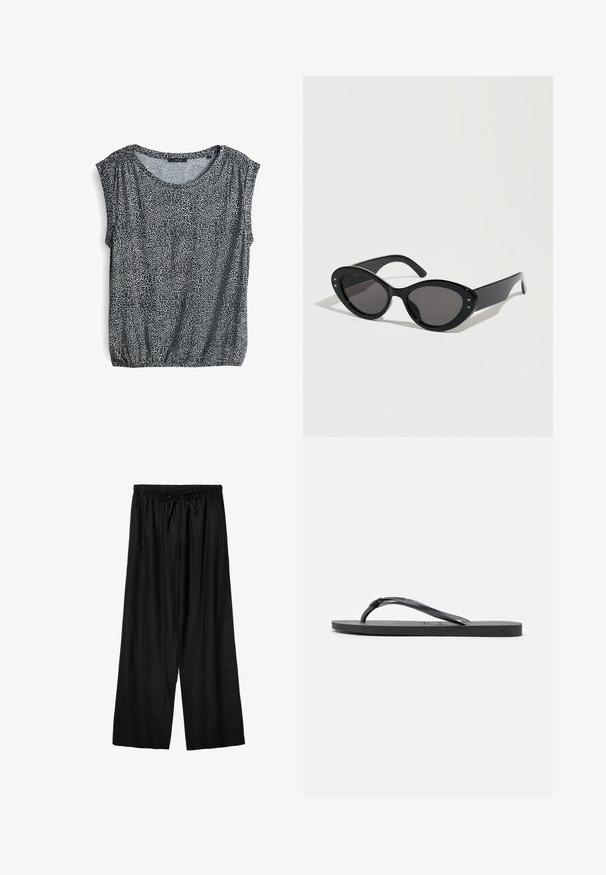 Korte mouw shirt in een geperforeerd zwart-wit mozaïekpatroon, met een relaxte pasvorm en een geplooide zoom voor extra vorm.; Zwarte broek met wijde pijpen, elastische tailleband en voorste trekkoord, gemaakt van lichtgewicht stof.; Zwarte rubberen slippers met een gestructureerde zool en een Y-vormige band, zijaanzicht op een witte achtergrond.; Zwarte zonnebril met een oversized kattenoogvorm. Gladde plastic monturen met donkere lenzen en kleine steraccenten aan de zijkanten.