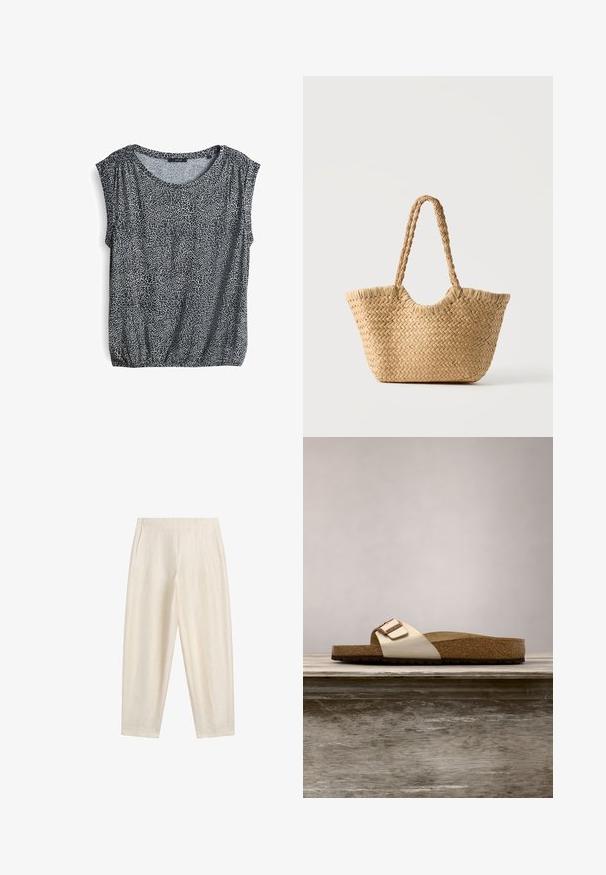 Korte mouw shirt in een geperforeerd zwart-wit mozaïekpatroon, met een relaxte pasvorm en een geplooide zoom voor extra vorm.; Linnen broek in crèmekleur met hoge taille, plooien en zijzakken, met een ontspannen, taps toelopende pasvorm.; Slide-sandaal met een lichte metallic bovenkant, kurken voetbed en een gestructureerde bruine rubberen zool. Gespdetail met logo-accent.; Gevlochten strooien tote tas met brede bodem, gevlochten handvatten en natuurlijke beige kleur op een effen witte achtergrond.