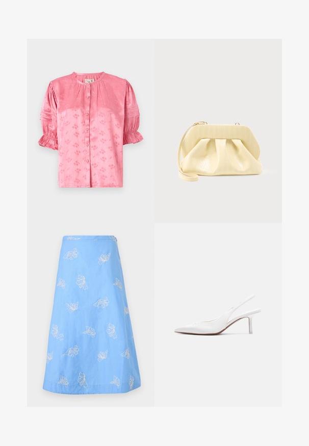 Roze bloempatronde blouse met een ronde halslijn, korte puffmouwen en knoopsluiting. Gemaakt van textiel met een subtiele glans.; Blauwe A-lijn rok met witte bloemenborduursel verspreid over de stof.; Witte leren slingback damesschoen met spitse neus, lage kittenhak en een kleine decoratieve strik bovenop, zijaanzicht.; Crème-kleurige leren clutch met een gestructureerd bovenframe en polsbandje, weergegeven tegen een effen lichte achtergrond.