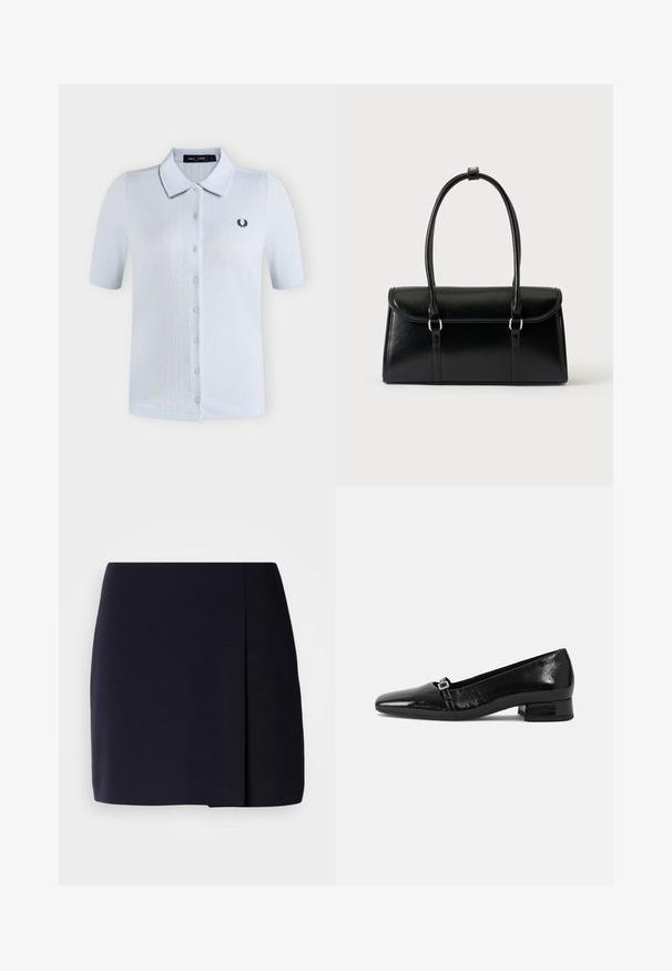 Polo blanc à manches courtes avec boutons, tissu texturé et petit logo laurier noir sur la poitrine gauche.; Une mini-jupe noire à silhouette droite, fabriquée en tissu doux, avec un pli latéral pour un détail supplémentaire et un ourlet net.; Ballet flats en cuir verni noir avec un bout pointu, un petit talon carré et un détail de boucle métallique sur la sangle. Texture lisse.; Sac à main rectangulaire en cuir noir avec fermeture à rabat et deux longues anses sur fond blanc uni.