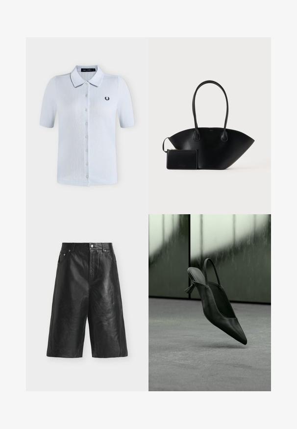 Polo blanc à manches courtes avec boutons, tissu texturé et petit logo laurier noir sur la poitrine gauche.; Shorts en cuir noir longueur genou avec bouton à l'avant, passants de ceinture, poches et coutures visibles sur un fond clair uni.; Escarpin à talon haut en cuir noir avec bride arrière et bout pointu, flottant au-dessus d'un sol recouvert de moquette grise, mur verdâtre flou en arrière-plan.; Sac à main en cuir noir avec de longues anses et une petite pochette assortie zippée sur un fond uni.