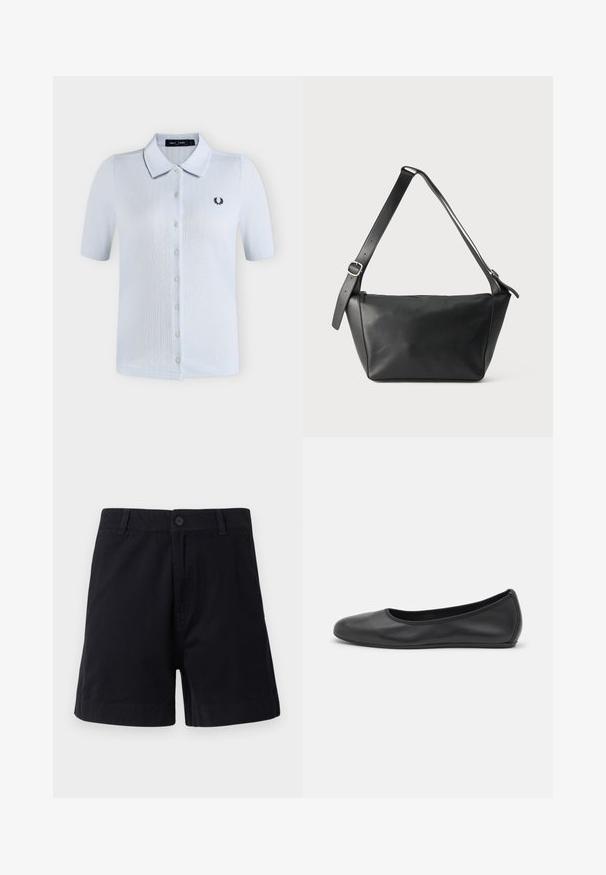 Polo blanc à manches courtes avec boutons, tissu texturé et petit logo laurier noir sur la poitrine gauche.; Shorts en coton bleu marine foncé avec une fermeture à bouton, des poches latérales et une coupe droite, présentant une texture lisse et un design épuré.; Ballerines en cuir noir avec un bout rond, texture lisse, détails de couture minimalistes et design de semelle flexible.; Sac à bandoulière en cuir noir avec une large sangle réglable et une boucle argentée, présenté sur un fond clair uni.