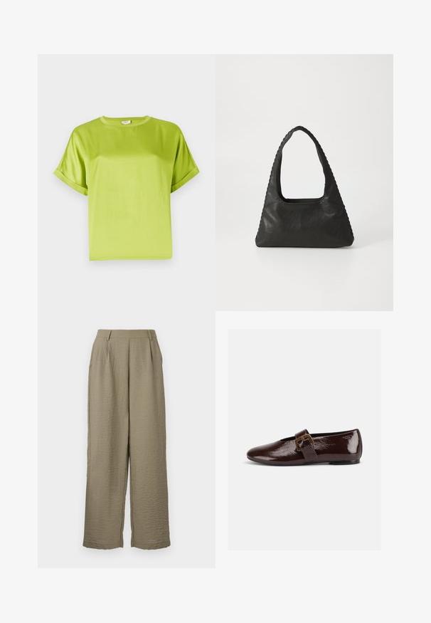 Haut vert vif à manches courtes avec un col rond. Tissu lisse et brillant avec une coupe décontractée. Manches retroussées et ourlet droit.; Pantalons larges en kaki réalisés dans un tissu texturé, présentant une taille haute et de légères plis pour plus de détails. Finition de ceinture lisse.; Chaussure plate en cuir verni marron foncé avec une large bride à boucle dorée et un bout arrondi, présentée de profil sur fond blanc.; Sac à main en cuir noir de forme triangulaire, avec une grande poignée découpée et des coutures détaillées le long des bords. Texture lisse.