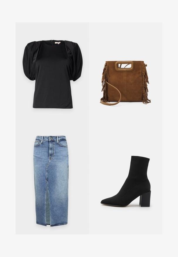Schwarzes Kurzarm-Top mit puffierten Schultern, aus glattem Stoff gefertigt, mit Rundhalsausschnitt und einem Reißverschluss hinten.; Good American SLIT FRONT MIDI - Jeansrock - light blue denim; Schwarze Knöchelliefe aus Stretchstoff, mit spitzem Zehenbereich und blockförmigem Absatz, mit gerilltem Besatz am oberen Rand.; Maje Handtasche - camel