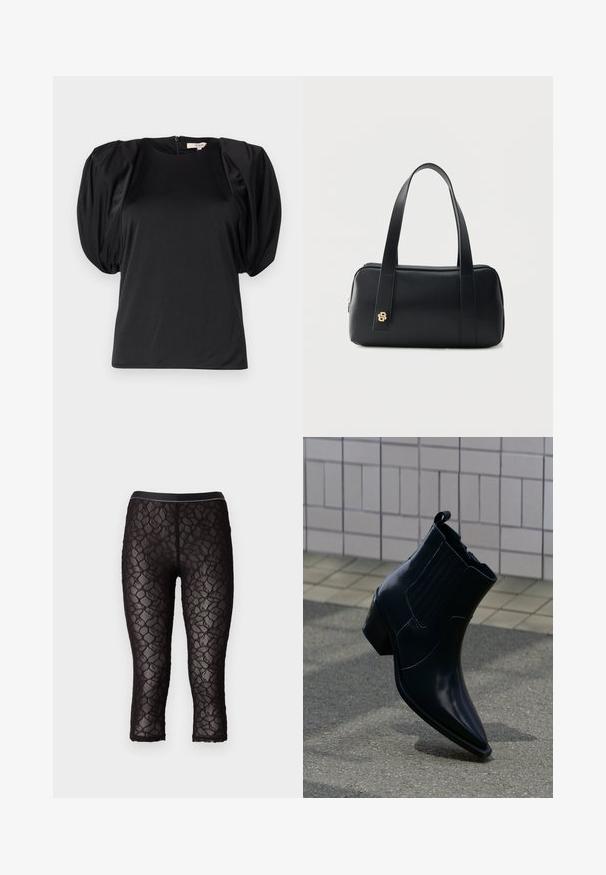 Schwarzes Kurzarm-Top mit puffierten Schultern, aus glattem Stoff gefertigt, mit Rundhalsausschnitt und einem Reißverschluss hinten.; Pinko LIAM STRETCH - Leggings - nero limousine; Glänzender schwarzer Leder-Stiefelette mit Blockabsatz, elastischen Seitenpaneelen und Zuglasche, aufrecht stehend auf strukturiertem Pflaster in der Nähe einer gefliesten Wand.; Schwarze rechteckige Lederhandtasche mit zwei langen Griffen und einem kleinen goldenen Logo am vorderen Riemen, vor einfarbigem Hintergrund.