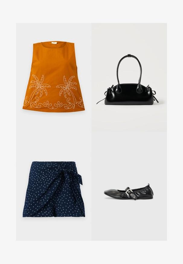 Orange ærmeløs top med hvid palmebroderi og bølgete mønstre ved kanten. Glat bomuldsstof, rund halsudskæring og afslappet pasform.; Marineblå shorts med indviklet design og frontbinding. Har et spredt cirkulært hvidt mønster. Fremstillet af letvægtsstof.; Sorte læder flade sko med spids tå, samling detaljer omkring åbningen, og en sølv spænde accent på den justerbare rem.; Lille sort blank håndtaske med to lange håndtag og snøre-detaljer i siden på en ensfarvet lys baggrund.