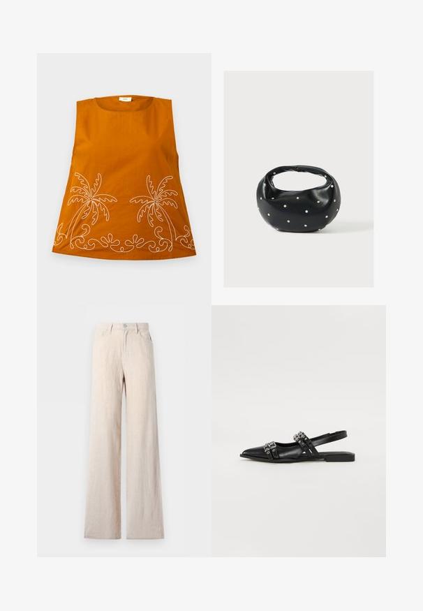 Top sin mangas naranja con bordado de palmeras blancas y patrones ondulados en el dobladillo. Tejido de algodón suave, escote redondeado y corte holgado.; Pantalones beige de tiro alto y pierna ancha con botón y cremallera delanteros, bolsillos delanteros y traseros, exhibidos sobre un fondo claro.; Even&Odd by Zalando Bailarinas con tira trasera - black; Bolso de mano de cuero negro con forma redondeada, decorado con detalles de tachuelas plateadas y un asa corta. Textura lisa y cierre con cremallera.