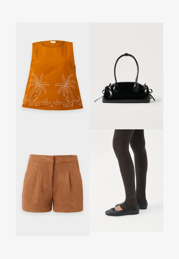 Top sin mangas naranja con bordado de palmeras blancas y patrones ondulados en el dobladillo. Tejido de algodón suave, escote redondeado y corte holgado.; Shorts de ante sintético marrón con un diseño a medida, que cuentan con dos bolsillos frontales y pliegues sutiles, ofreciendo una textura suave y agradable.; Piernas con leggings oscuros acanalados combinados con bailarinas negras que presentan pequeños detalles de lazo sobre un fondo blanco.; Pequeño bolso negro brillante con dos asas largas y detalles de cordón lateral sobre un fondo claro liso.