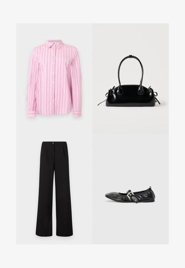 Roze overhemd met lange mouwen, knoopsluiting, verticale dunne zwarte en witte strepen, klassieke kraag en met knopen sluitende manchetten.; Zwarte high-waist wijde broek met een sluiting aan de voorkant met knoop en rits, met subtiele plooien onder de tailleband.; Zwarte leren platte schoen met een spitse neus, geplooide details rond de opening en een zilveren gespaccentueerde verstelbare band.; Kleine zwarte glanzende handtas met twee lange hengsels en zijkant trekkoord details op een effen lichte achtergrond.