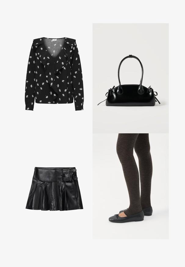 Blusa negra con escote en V, con patrones de hojas blancas y un delantero con volantes. Manga larga y puños. Hecha de una tela suave.; Falda de cuero negro con pliegues, cinturilla ancha y dos hebillas en el lateral. Textura suave con un acabado brillante.; Piernas con leggings oscuros acanalados combinados con bailarinas negras que presentan pequeños detalles de lazo sobre un fondo blanco.; Pequeño bolso negro brillante con dos asas largas y detalles de cordón lateral sobre un fondo claro liso.