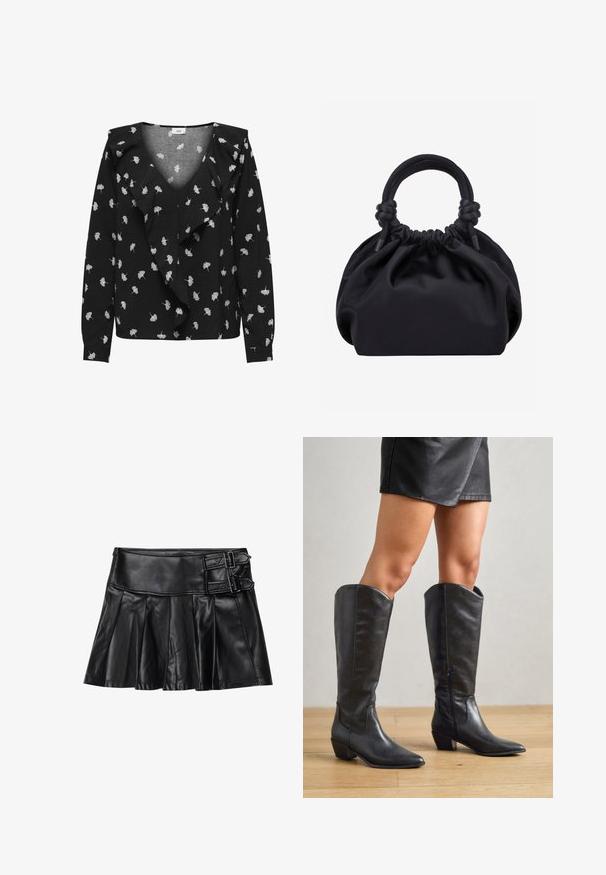 Blusa negra con escote en V, con patrones de hojas blancas y un delantero con volantes. Manga larga y puños. Hecha de una tela suave.; Falda de cuero negro con pliegues, cinturilla ancha y dos hebillas en el lateral. Textura suave con un acabado brillante.; Botas negras hasta la rodilla, hechas de cuero suave, con punta afilada, tacón bajo cuadrado y cremallera lateral para facilitar el uso.; Bolso de mano de tela negra suave con parte superior fruncida y asas acolchadas circulares atadas con nudos a cada lado.