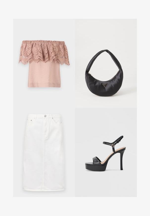 Off-the-shoulder τοπ σε ανοιχτό ροζ χρώμα με υφασμάτινο κορσάζ και δαντελένια επένδυση που διαθέτει περίπλοκα σχέδια φύλλων και κυμματιστές άκρες.; Λευκή τζιν φούστα με μπροστινό φερμουάρ, πέντε τσέπες και ίσια σιλουέτα με ραφές.; Μαύρα πλατφόρμα σανδάλια με ψηλό τακούνι στιλέτο, που διαθέτουν λείο δερμάτινο πάνω μέρος, σχέδιο με ανοιχτό δάχτυλο και ρυθμιζόμενο λουράκι στο αστράγαλο με μεταλλικά στοιχεία.; Μαύρη τσάντα χειρός από σατέν με καμπύλο σχήμα, διαθέτει φερμουάρ κλεισίματος και τριγωνικό μεταλλικό λογότυπο μπροστά. Λείο υφάνισμα και κομψός σχεδιασμός.