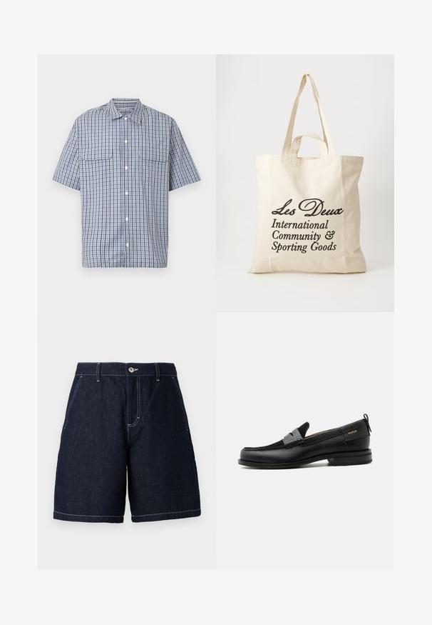 Chemise à manches courtes avec boutons, motif à carreaux bleu, blanc et noir, et deux poches à rabat sur la poitrine, sur fond blanc.; Shorts en denim foncé à coupe droite. Dotés d'une fermeture à bouton, de poches avant et de surpiqûres blanches contrastantes le long des bords.; Mocassin en cuir noir avec détail de bride grise, talon bas et semelle texturée, marqué "HUGO" en or sur le côté.; Sac tote en coton beige avec deux poignées robustes. Présente un texte imprimé en noir : "Les Deux International Community & Sporting Goods."