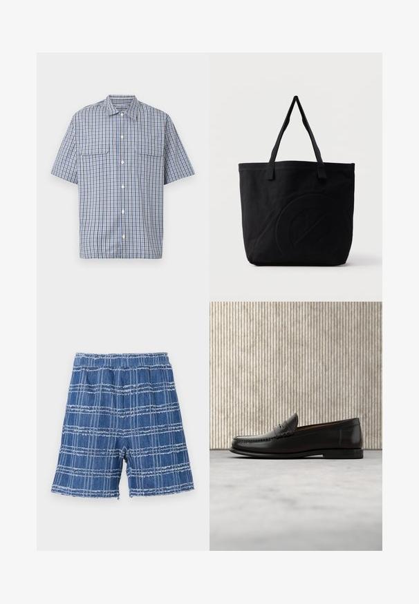 Kortærmet skjorte med knapper foran i blå, hvid og sort ternet mønster og to brystlommer med klap på hvid baggrund.; Denim shorts med en flosset kant, der har et blåt ternet mønster. Elastisk talje, lige skæring og blød tekstur.; Sort læder penny loafer med lav hæl, rundet tå og syningsdetaljer langs fronten og siderne, vist på neutral baggrund.; Sort canvas-tote-taske med to skulderstropper og et diskret præget cirkeldesign på fronten.