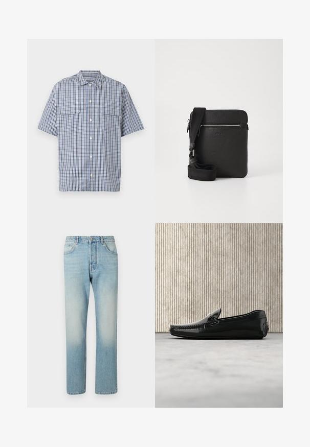 Kortærmet skjorte med knapper foran i blå, hvid og sort ternet mønster og to brystlommer med klap på hvid baggrund.; Lyseblå jeans lavet af denim, med et lige ben-design, fem lomme-struktur og falmet vaskeffekt ved lårene.; Sorte læder loafers med en blank overflade, rund tå og dekorativt hardware foran. Lavprofil gummisål. Glat tekstur.; Sort læder crossbody taske med en tekstureret overflade, lynlåslomme foran og en justerbar stofrem. Enkel firkantet design.