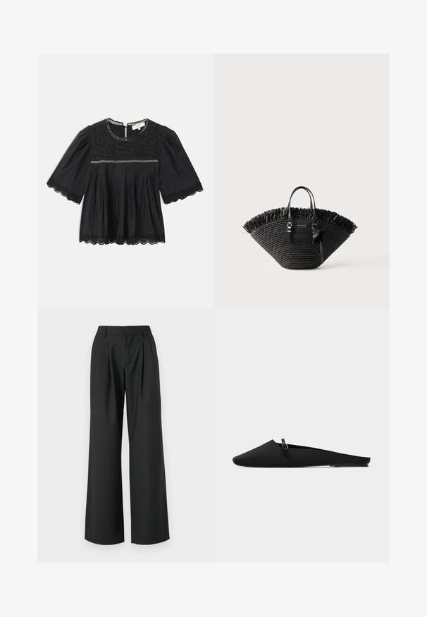 Schwarze kurzärmlige Bluse mit Spitzenbesatz an den Ärmeln und dem Saum, bestickter Passe, gefälteltem Vorderteil und Kettendetail entlang des Ausschnitts und der Brust.; Won Hundred CAMILLE TROUSERS - Stoffhose - licorice; Schwarzer, spitz zulaufender flacher Slide-Schuh mit dünnem Riemen und silberner Schnalle, glattem Material und niedrigem Absatz vor weißem Hintergrund.; Schwarze gewebte Tragetasche mit breiter Fächerform, fransigem oberen Rand, zwei Griffen und einer dekorativen Schleife an einem Griff.