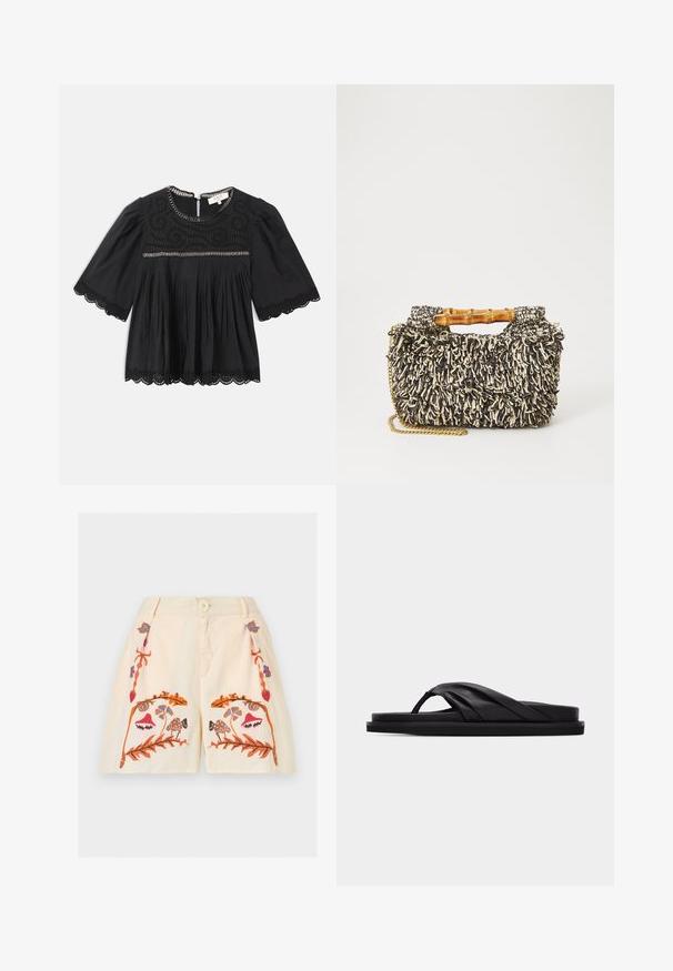 Blusa negra de manga corta con borde de encaje en las mangas y eldo, yugo bordado, parte delantera con pliegues y detalle de cadena a lo largo del escote y el pecho.; Pantalones cortos de color crema con botón frontal, cierre de cremallera y bordados con patrones florales y de setas simétricos en naranja, rosa, azul y marrón.; Sandalia plana negra con tira cruzada acolchada y divisor de dedo, diseño minimalista sobre fondo liso gris claro.; Bolso tejido con un patrón texturizado en negro y crema, asa de bambú y una correa de cadena dorada removible. Forma rectangular compacta.