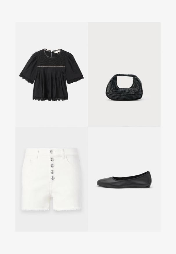 Blusa negra de manga corta con borde de encaje en las mangas y eldo, yugo bordado, parte delantera con pliegues y detalle de cadena a lo largo del escote y el pecho.; Pantalones cortos de mezclilla blancos con cinco botones plateados en la parte delantera y bordes deshilachados, con bolsillos delanteros y trabillas para cinturón.; Bailarina de piel negra con punta redondeada, textura suave, detalle de costura minimalista y diseño de suela flexible.; Bolso hobo tejido negro con estructura suave y asa integrada, exhibido sobre un fondo liso y claro.