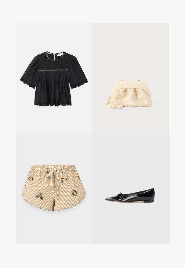 Schwarze kurzärmlige Bluse mit Spitzenbesatz an den Ärmeln und dem Saum, bestickter Passe, gefälteltem Vorderteil und Kettendetail entlang des Ausschnitts und der Brust.; Beige-weiße Shorts mit Streifenmuster, elastischem Bund, vorderer Schnürung, abgerundetem Saum und kleinen, auf dem Stoff verteilten Blumenstickereien.; Schwarze Lackleder-Ballerina mit spitzem Zehenbereich, kleinem dekorativen Riemen und niedrigem Blockabsatz. Glatte Textur und elegantes Design.; Handtasche aus cremefarbenem Stoff mit floraler Stickerei, weichem, abgerundetem oberen Rahmen und verstellbarem Riemen, auf einem hellgrauen Hintergrund liegend.