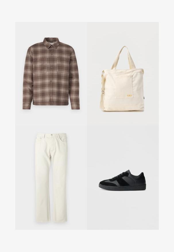 Braun karierte Hemd mit spitzem Kragen, zwei Brusttaschen und Knopfschluss, aus einem weichen, strukturierten Stoff gefertigt.; Hellbeige gerade geschnittene Jeans aus Baumwoll-Denim. Mit Taschen, klassischem Knopfverschluss und einer subtilen Textur ohne Muster.; Schwarze Sneaker aus einer Mischung von glattem Leder und Wildleder, mit einer strukturierten schwarzen Gummisohle und dezenten Streifendetails.; Beige Canvas-Shopper mit Fronttasche, zwei Griffen, verstellbarem Schulterriemen und kleinem gelbem "O.N.S"-Text unten rechts auf der Tasche.
