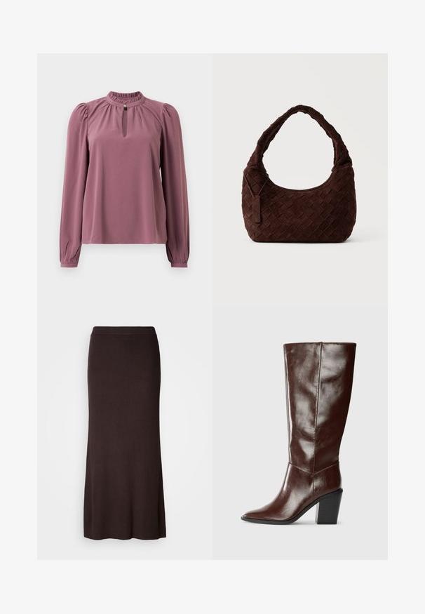 Langermet mauve bluse med samlet krave, nøglehul-udskæring med knaplukning og let puffede skuldre.; Mørkebrun, ribbet strik, ankel-længde lige nederdel med høj talje, præsenteret på en hvid baggrund.; Høj, mørkebrun læderstøvle med spids tå og stablet blokhæl, vist fra siden på en ensfarvet baggrund.; Mørkebrun vævet skuldertaske i læder med blød, afrundet form og bred hank, med et lille fastgjort lædermærke.