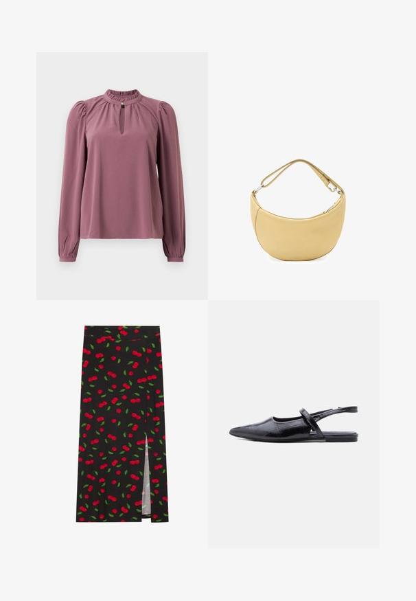 Blusa de manga larga en color malva con cuello fruncido, escote en forma de ojal con cierre de botón y hombros ligeramente abullonados.; Falda negra con un estampado de cerezas que presenta cerezas rojas y hojas verdes. Incluye una abertura lateral para un detalle de diseño adicional.; Zapato plano de punta negra con tirante delgado sobre la parte superior y patrón de piel texturizada.; Bolso de hombro de cuero beige suave en forma de media luna con correa ajustable y cierre de cremallera con detalles en plata.