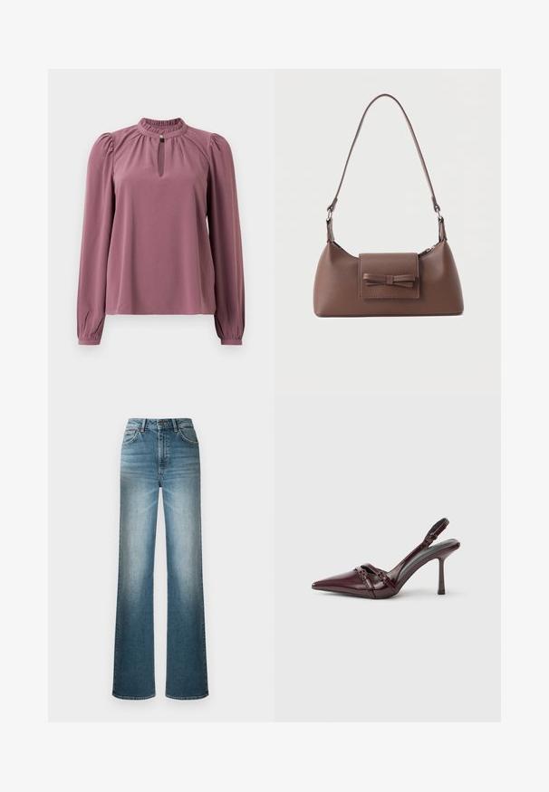 Langärmlige mauve Bluse mit gerafftem Kragen, Schlüsselloch-Ausschnitt mit Knopfverschluss und leicht gepufften Schultern.; Helle blaue weite Jeans aus Denim. Mit hoher Taille, Fünf-Taschen-Design und einem Verblassungseffekt von oben nach unten.; Bordeauxroter Slingback-Pumps aus Lackleder mit spitz zulaufender Vorderkappe, dünnem Knöchelriemen und kleiner dekorativer Schnalle. Glatte Textur und hoher Absatz.; Braune Leder-Umhängetasche mit einer vorderen Klappentasche, die ein gestepptes Schleifendetail und einen verstellbaren Riemen aufweist.