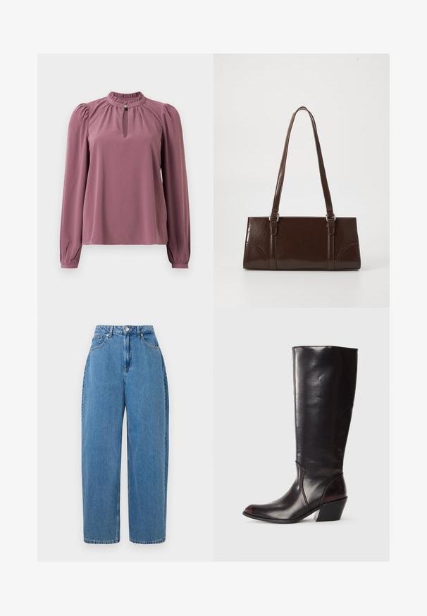 Langärmlige mauve Bluse mit gerafftem Kragen, Schlüsselloch-Ausschnitt mit Knopfverschluss und leicht gepufften Schultern.; Hellblaue Jeanshose mit geradem Bein, hoher Taille und Knopfverschluss vorne. Verfügt über fünf Taschen und minimale Nähte.; Knöchelhigh, dunkelbraune Lederstiefel mit spitzem Zeh, eckigem Blockabsatz und glatter, glänzender Textur. Verfügt über ein klares Design und Steppnähte.; Braune Lackleder-Handtasche in rechteckiger Form, mit zwei langen Griffen und subtilen, geschwungenen Akzenten auf der Vorderseite.