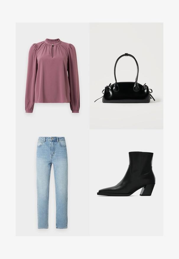 Langermet mauve bluse med samlet krave, nøglehul-udskæring med knaplukning og let puffede skuldre.; Lyseblå denimjeans med lige ben, fem-lomme-design, metalknaplukning og diskrete slidningsdetaljer foran.; Sortlæder ankelstøvle med spids tå, en slank silhuet og en kraftig firkantet hæl. Glat tekstur med minimale stikninger.; Lille sort blank håndtaske med to lange håndtag og snøre-detaljer i siden på en ensfarvet lys baggrund.