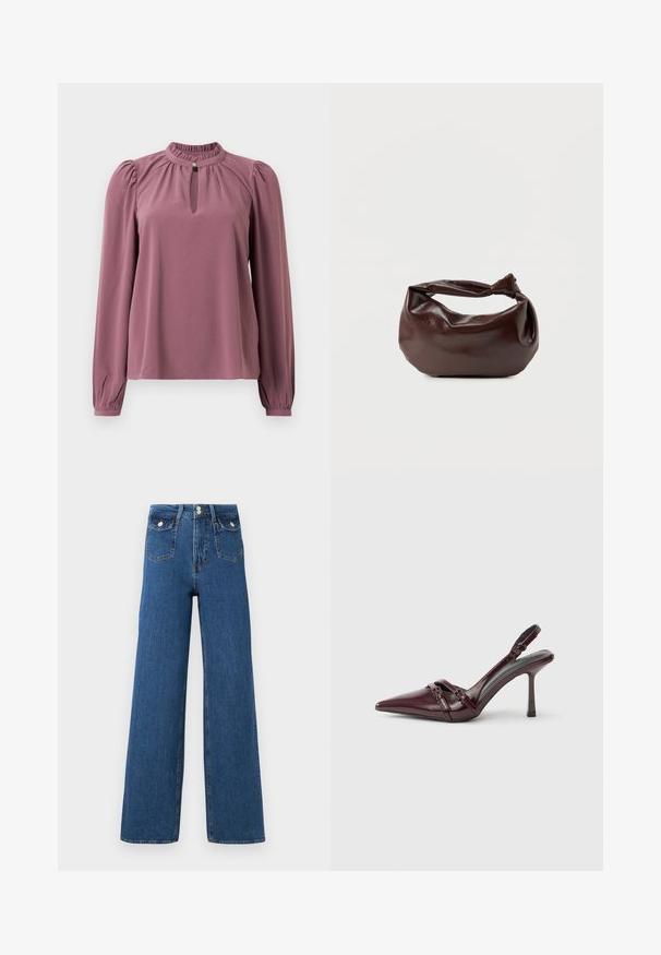 Langärmlige mauve Bluse mit gerafftem Kragen, Schlüsselloch-Ausschnitt mit Knopfverschluss und leicht gepufften Schultern.; Weite Jeans aus dunklem Denim. Verfügt über zwei Vordertaschen und einen Knopfverschluss. Glatte Textur mit sichtbaren Nähten und strukturierter Form.; Bordeauxroter Slingback-Pumps aus Lackleder mit spitz zulaufender Vorderkappe, dünnem Knöchelriemen und kleiner dekorativer Schnalle. Glatte Textur und hoher Absatz.; Dunkelbraune Lederschultertasche mit weicher, lockerer Form und einem gedrehten Knotengriff vor schlichtem weißem Hintergrund.