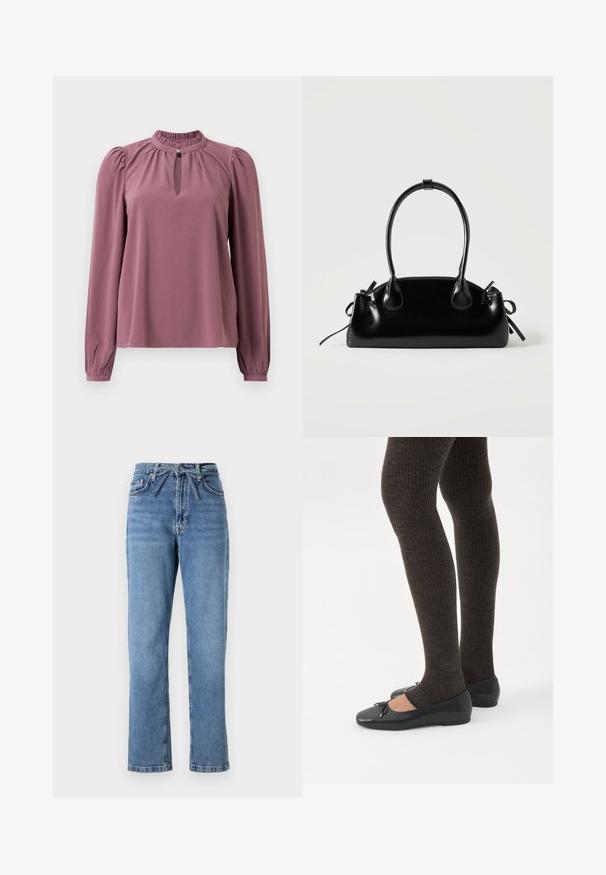 Langermet mauve bluse med samlet krave, nøglehul-udskæring med knaplukning og let puffede skuldre.; Lyseblå denimjeans med lige pasform, høj talje, der har en frontsløjfe og klassisk fem-lomme design. Struktureret overflade med subtile falmninger.; Ben iført mørke ribbede leggings kombineret med sorte balletsko med små sløjfedetaljer på hvid baggrund.; Lille sort blank håndtaske med to lange håndtag og snøre-detaljer i siden på en ensfarvet lys baggrund.