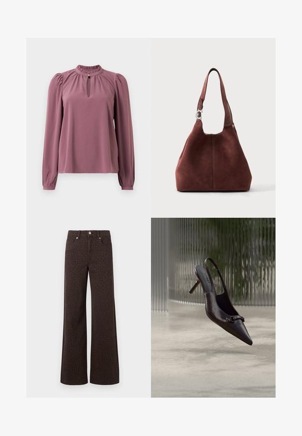 Langermet mauve bluse med samlet krave, nøglehul-udskæring med knaplukning og let puffede skuldre.; Brune brede jeans med et subtilt leopardmønster, fremstillet i denim med en glat tekstur og klassisk fem-lommer design.; Blank sort spids røvhælssandal med lille dekorativ spænde, svævende over en beton gulv med en tekstureret glas baggrund.; Brun ruskind skuldertaske med en bred strop og en sølvspænde detalje på den ene side, vist mod en ensartet lys baggrund.