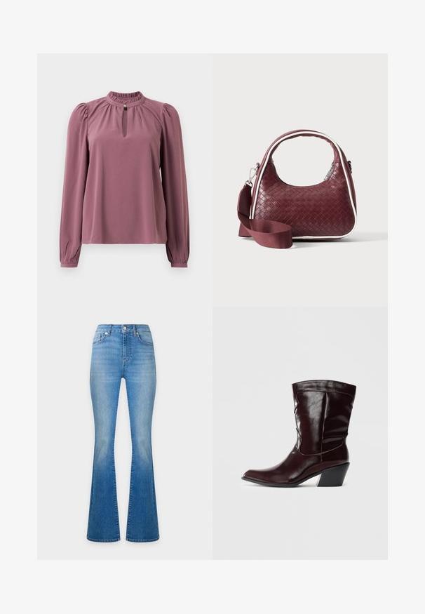 Mauve blouse met lange mouwen, geplooide kraag, keyhole halslijn met knoopsluiting en licht opgeblazen schouders.; Lichtblauwe high-waisted spijkerbroek met wijde pijp, voorsluiting met knoop en vijfzakkenontwerp op een effen achtergrond.; Bordeaux leren enkellaarsjes met een spitse neus, textuur op het oppervlak en een taps toelopende lage hak. Heeft subtiele stiksels en een strakke pasvorm.; Donkerrode geweven leren handtas met gebogen handvat, witte bies, zilveren rits en afneembare brede stoffen schouderriem tegen een effen achtergrond.